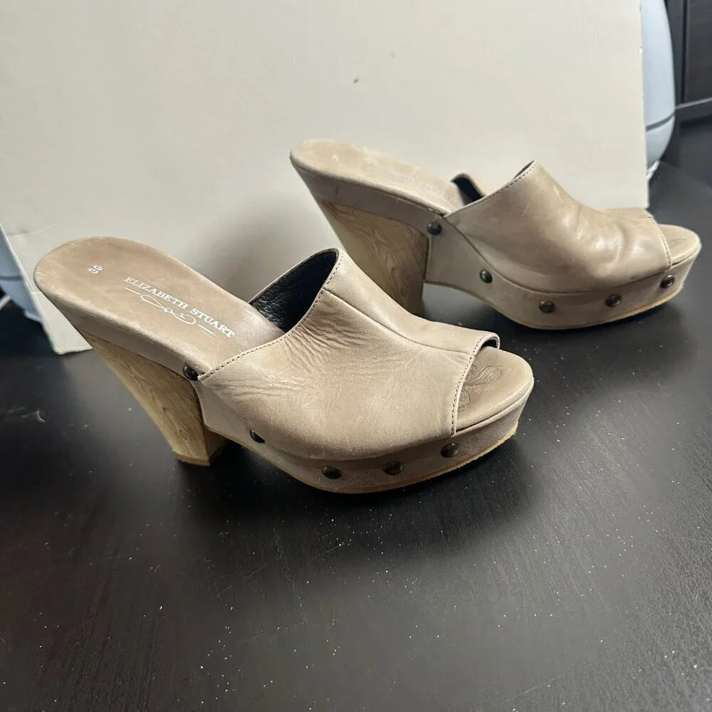 ELIZABETH STUART Studded Neutral Leather Platform Heels Sandals Wood Size 39